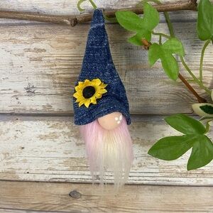 Vintage Spoon Gnome Ornament Denim Sunflower Pastel Faux Fur Handmade
